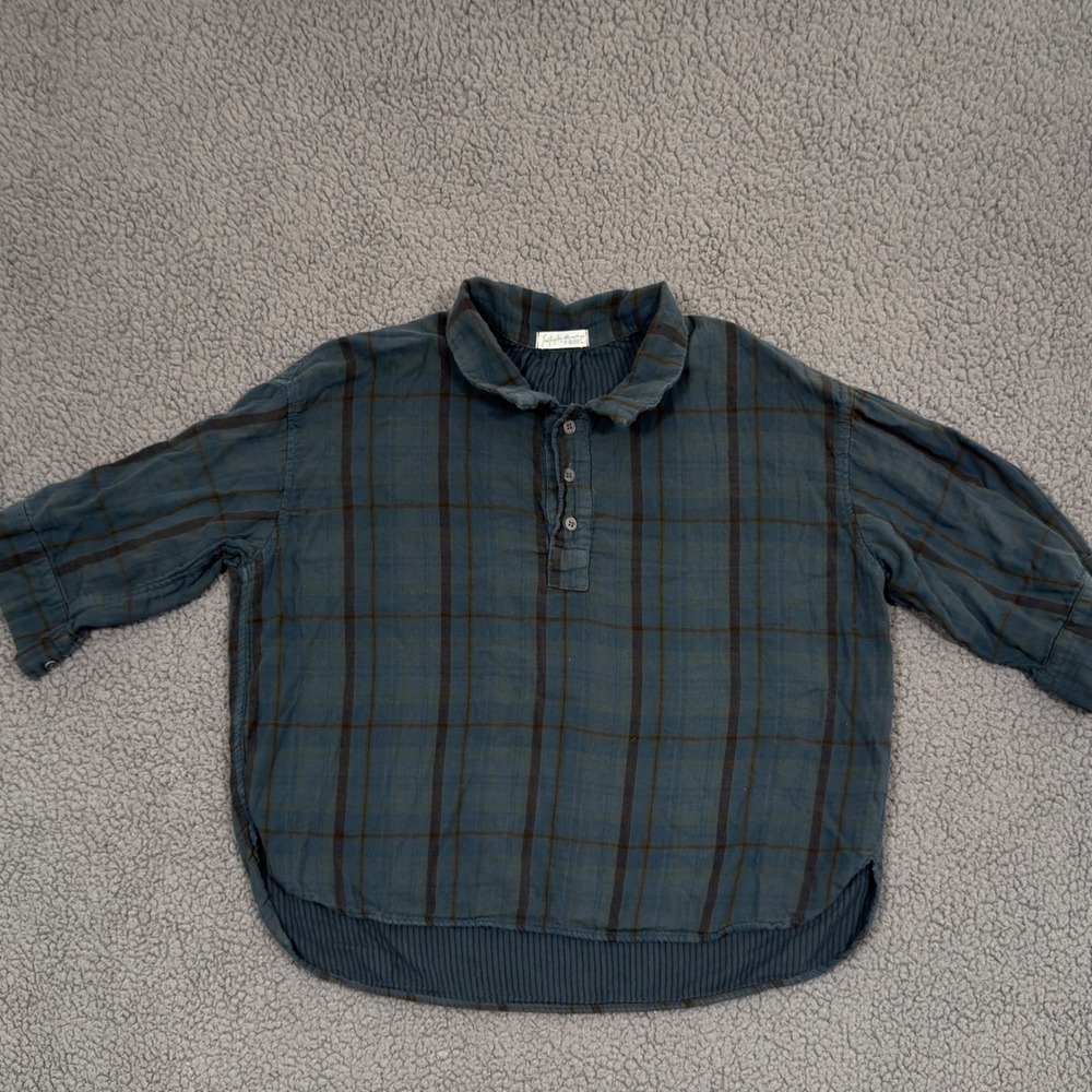 Free People x CP Shades Plaid Campfire Tunic Shirt Henley Top Blue Brown Cotton